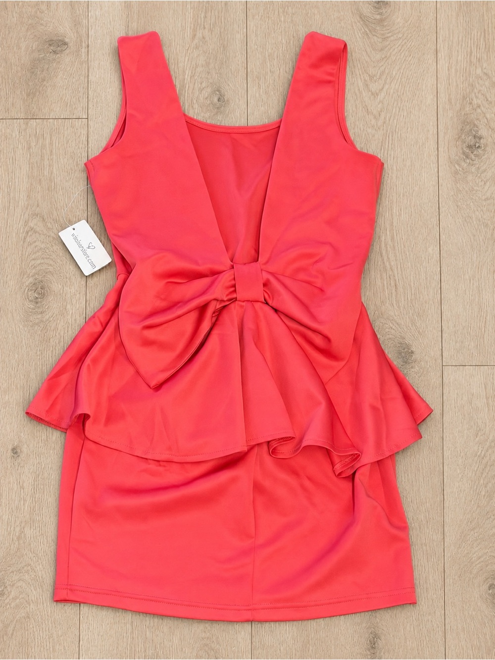 Windsor NWT Bright Coral Bow Peplum Bodycon Mini Dress Size Small - Picture 3 of 7